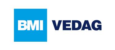 Logo von BMI VEDAG mit blauer und schwarzer Schrift auf weißem Hintergrund.