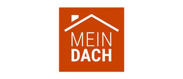 Logo von "MEIN DACH" auf orangefarbenem Hintergrund, mit stilisiertem Dachsymbol über dem Schriftzug.