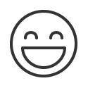 Ein einfaches, lächelndes Emoticon mit breitem Grinsen und geschlossenen Augen auf weißem Hintergrund.